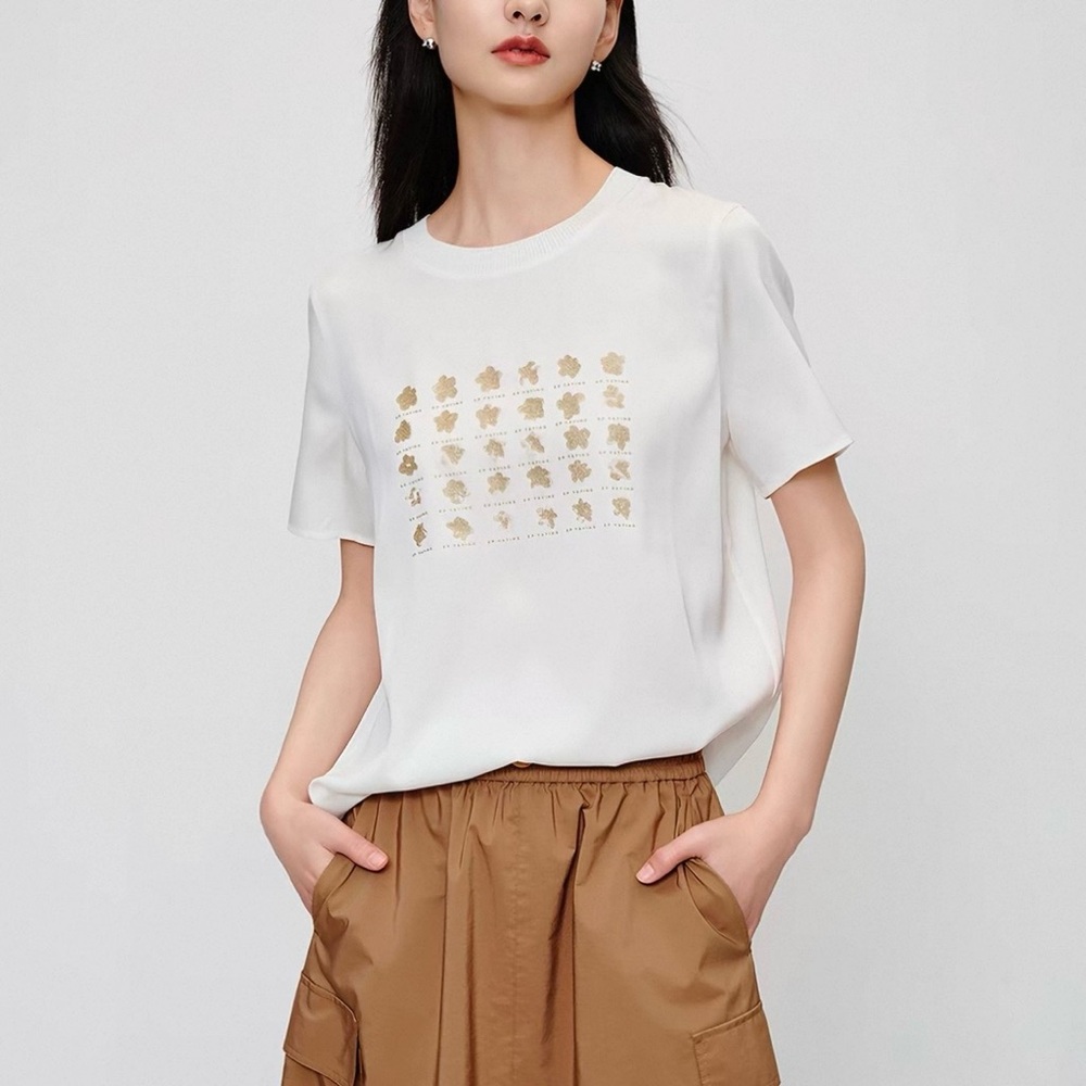 White Silk Short-Sleeve Crewneck Top with Gold Print